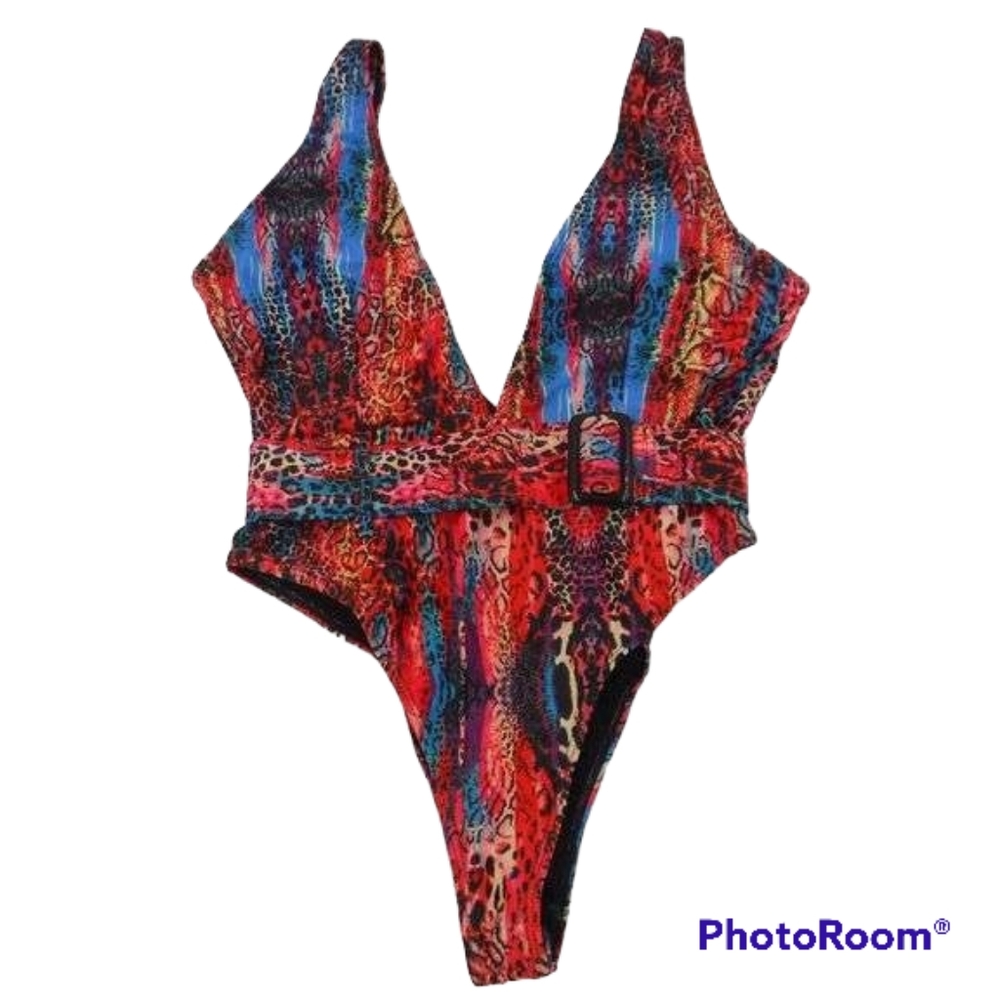 NWT Matte Collection MatteSwim Deep V Plunge Belted Colorful 1pc Swimsuit sz M